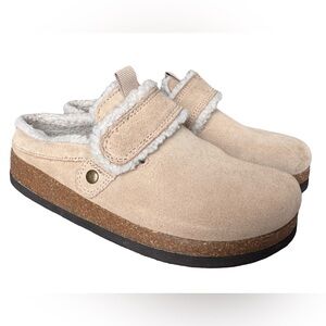 White Mountain Footbeds Baylen Clogs Size 6 Tan Nubuck Faux Fur Lined Cork Bed